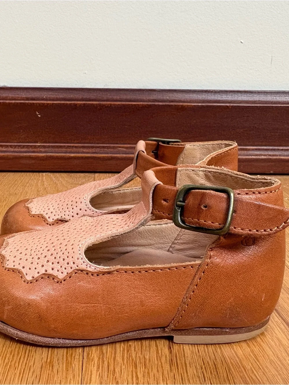 Girls' T-Strap Dress Shoes in Tan & Blush by Nathalie Verlinden
